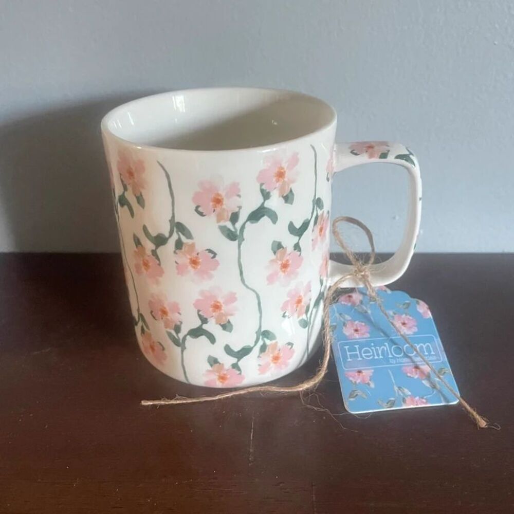 Heirloom By Home Essentials White Ceramic HandPainted Floral Design Mug 18oz